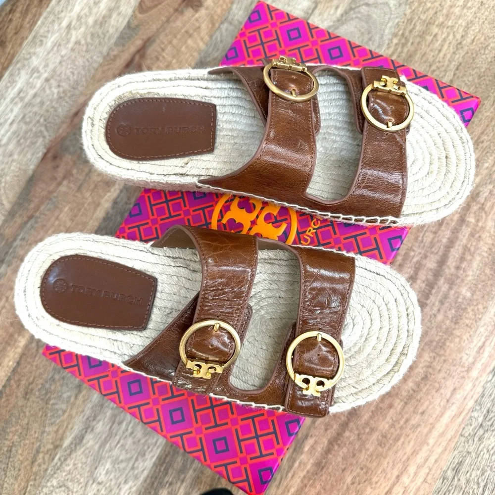 Tory Burch Selby Two Band Espadrille Slide Sandal Waxy Napa Leather Syru…